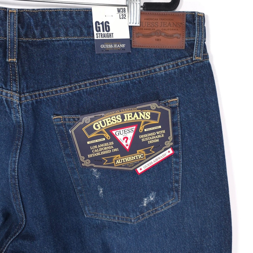 GUESS Men's New Jeans 38x32 G16 Straight GJ AGED Distressed Dark Wash M5YA1B - Picture 15 of 16